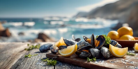 Fresh mussels with lemon and herbs on wooden board by ocean coastline for seafood restaurant menu and culinary advertising.
