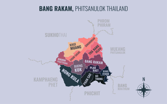Map showing Bang Rakam District Phitsanulok Thailand divided into sub-districts with minimalist colorful patterns