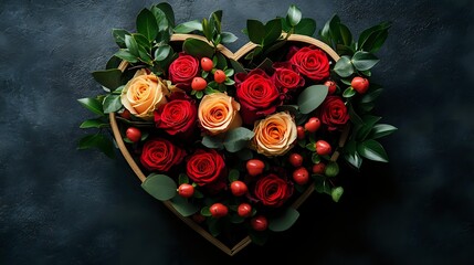 Heart-shaped arrangement of red and orange roses with green foliage on dark background for romantic occasions and Valentine's Day celebrations.