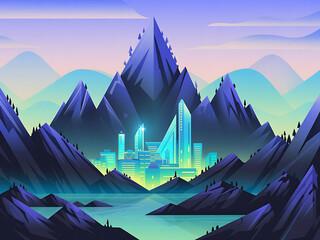 Futuristic city nestled between majestic mountains at twilight skyline landscape