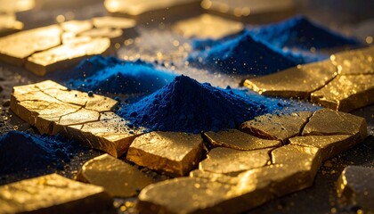 Colored powder sits on broken gold pieces laid out on a table during an art activity in a studio in the afternoon light