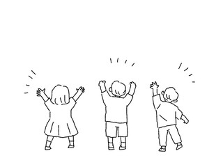 手をあげてはしゃぐ子供の後ろ姿、線画