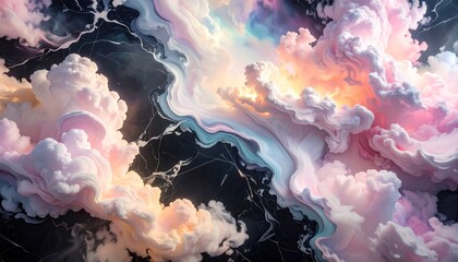 Colorful clouds swirl in a bright sky over dark marble during a vibrant sunset at dusk