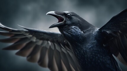 Obraz premium Black raven with open beak and spread wings against moody atmospheric background, symbolizing mystery and wilderness in nature photography.