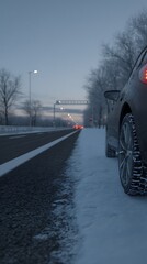 Car parked on snow-covered road at dusk with leafless trees and oncoming vehicle lights