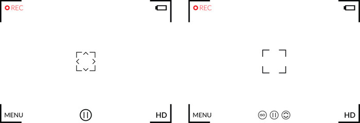 Video Camera On Screen Display Overlay. Camera Viewfinder Frame. Recording, Menu, Quality, and Focus Bracket Graphics. Video Recording and Photography, Including REC, HD, Pause, and Copyright.