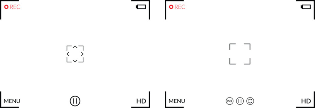 Video Camera On Screen Display Overlay. Camera Viewfinder Frame. Recording, Menu, Quality, and Focus Bracket Graphics. Video Recording and Photography, Including REC, HD, Pause, and Copyright.
