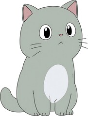 Cartoon cat in a seated pose with gray fur, a white belly patch, and large, innocent eyes