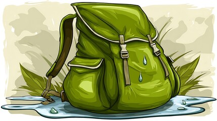 Cartoon backpack, green and wet, placed in water with foliage and a painterly look
