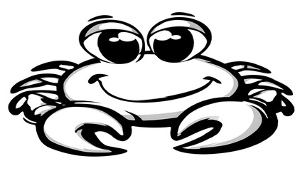 Cartoon crab illustration, smiling face, large eyes, claws, simple black and white outline