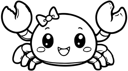 Cartoon crab with bow on its head, smiling broadly with large eyes and claws. Black and white