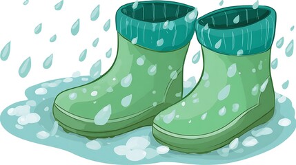 Cartoon depiction of green rain boots standing in puddle with falling raindrops around