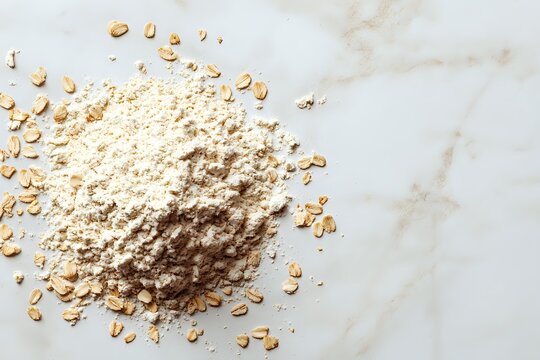 Oat flour and whole oats scattered on white marble surface, showcasing natural baking ingredients for healthy cooking and gluten-free recipes.