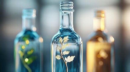 Decorative glass bottles with dried botanical elements suspended in liquid, creating an elegant display for home decor or craft projects.