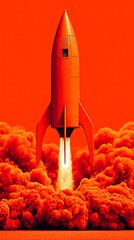 Cartoon rocket blasting off amidst fiery clouds of smoke against an orange-red background