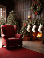 Obraz premium Vintage country Christmas living room with red armchair, decorated tree, fireplace, wreath, stockings, and festive garland, cozy holiday atmosphere