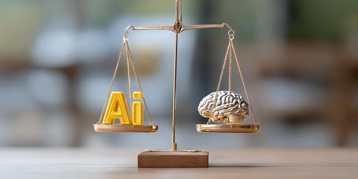 Golden balance scale weighing artificial intelligence letters against human brain on wooden surface with blurred background for technology ethics concepts. - Powered by Adobe