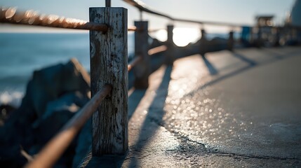 Weathered wooden pier post with rope railing overlooking calm blue water during golden hour sunset creating dramatic shadows on wooden deck planks.