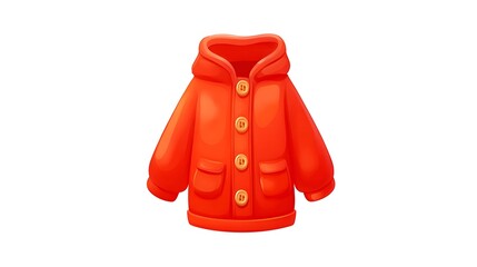 Cartoonish illustration of a vibrant red winter coat with a hood and wooden buttons