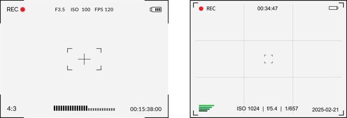 Video camera screen viewfinder vector. Digital video, photo camera display focus, zoom, rec overlay. High end cinema camera recording viewfinder interface overlay template.