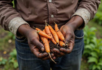 Man holding freshly harvested carrots with soil on hands and arms  