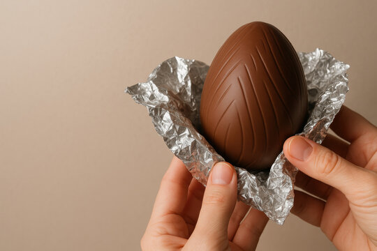 Hands unwrapping chocolate egg in foil wrapper against neutral background, sweet holiday treat and festive dessert concept - Powered by Adobe
