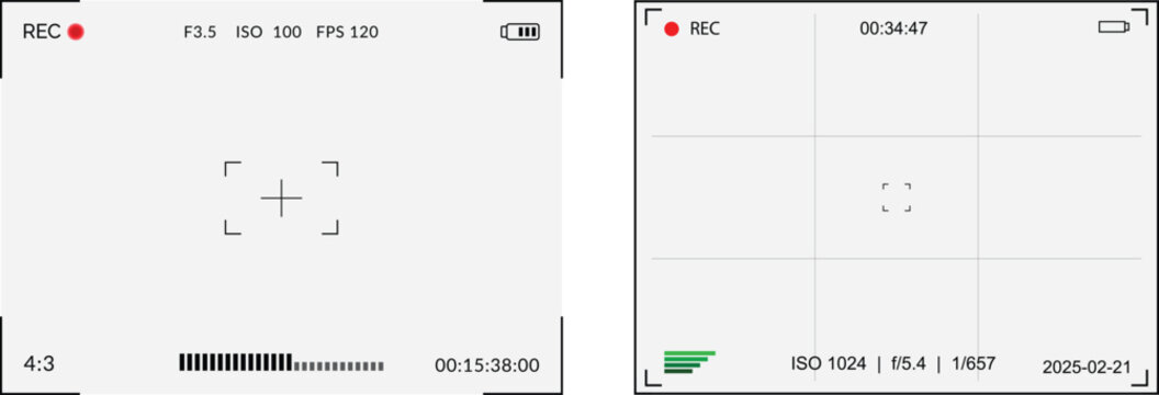 Video camera screen viewfinder vector. Digital video, photo camera display focus, zoom, rec overlay. High end cinema camera recording viewfinder interface overlay template.