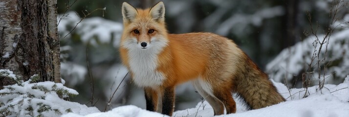 Obraz premium Majestic Red Fox Roaming Through a Serene Winter Forest Covered in a Fresh Blanket of Snow