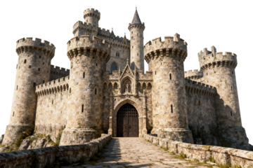 Ancient stone castle with multiple towers and a grand entrance
