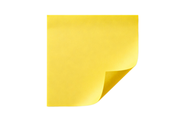 A bright yellow sticky note with a curled corner on white background