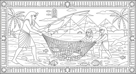 Historical illustration: Ancient Egyptians net fishing by the Nile, pyramids in the background