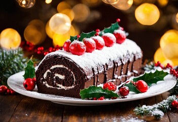 B&ucirc;che de No&euml;l au chocolat dans un plat sur une table