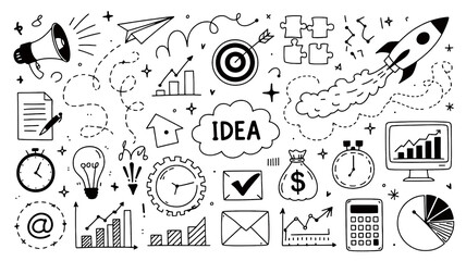 Obraz premium Doodles of business, innovation, and success: idea generation, productivity, and strategy elements