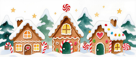 Watercolor illustration of a whimsical gingerbread village with three decorated houses, snowy pine trees, and golden stars on a clean white background. Cozy, magical, festive atmosphere.
