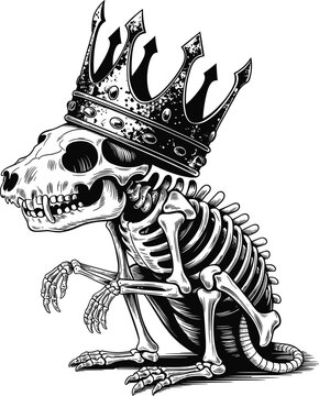Detailed vintage engraving illustration of skeletal rodent wearing ornate distressed royal crown sitting upright macabre graphic vector artwork representing royalty