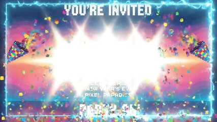 A pixel art confetti neon glow retro style sunset gradient party invitation for new year celebration, vibrant digital design with electric glow, festive banner vibes and 2026 center stage confetti