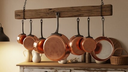 Gleaming Copper Cookware Hanging in a Rustic Kitchen Display