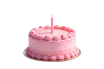 Pink birthday cake with a single candle on top