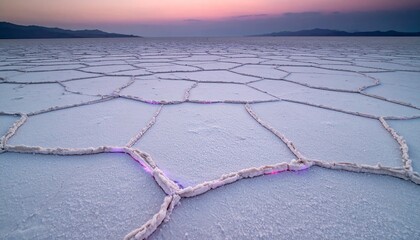 Hexagonal salt flats with purple hue at sunset showing patterns in the landscape near a mountain range