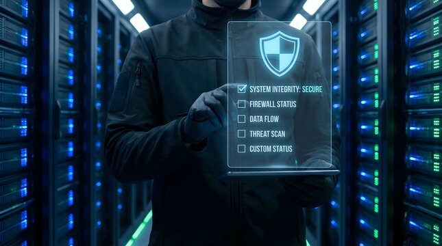 Cybersecurity professional monitoring server room data integrity with holographic interface, digital protection concept. - Powered by Adobe