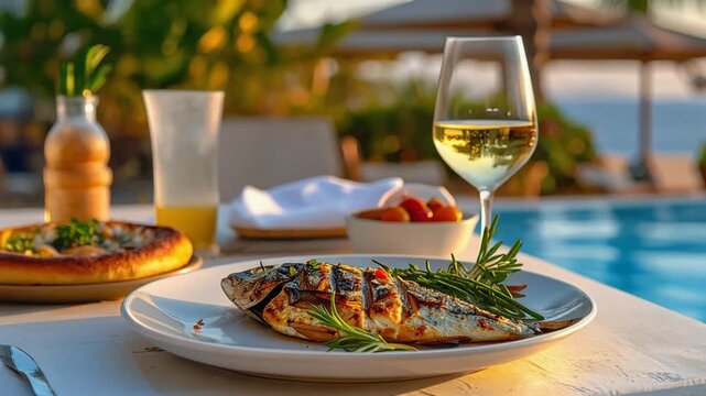A grilled fish fillet served poolside with herbs and vegetables, paired with a glass of white wine in a relaxing summer dining setting.