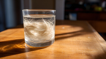 psyllium. A glass of water with psyllium husk fibers creating organic swirls, lit from the side on a wooden table. bar promotions, beverage menus, designed for product packaging and bar promotions.