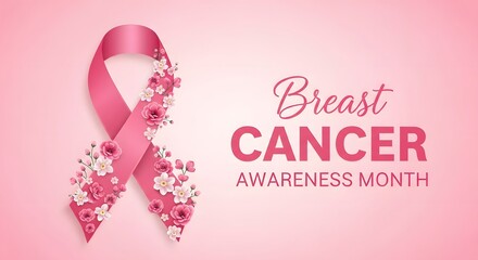 Pink ribbon with flowers for breast cancer awareness month