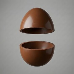 Glossy chocolate egg shell opened into two hovering halves, modern dessert concept
