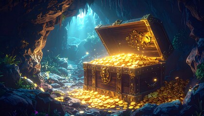 Treasure chest overflowing with gold coins in a mystical cave