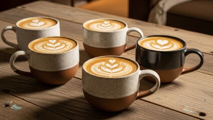 Multiple Cups of Latte Art Coffee on a Wooden Table