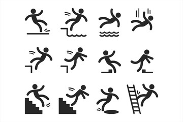 Set Of Icons Depicting People Falling Down Stairs Slipping And Drowning trip accident