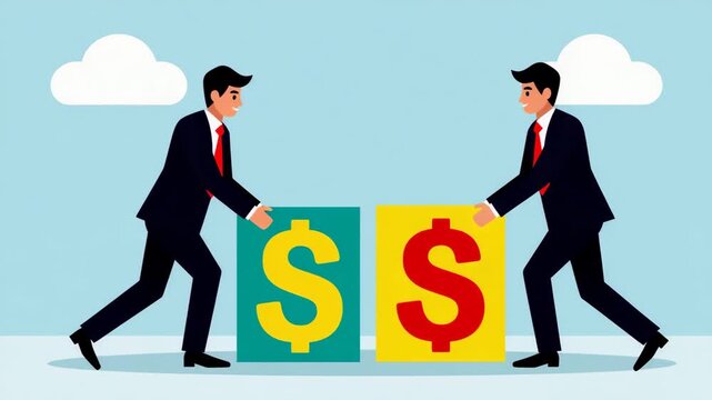 Cartoon Businessmen Pushing Dollar Signs for Financial Merger Concept