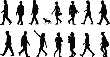 Silhouette Collection of People and Dog Walking in Various Poses on White Background woman child