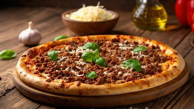 A freshly baked minced meat pizza topped with herbs, presented on a wooden board for a warm and rustic dining experience.